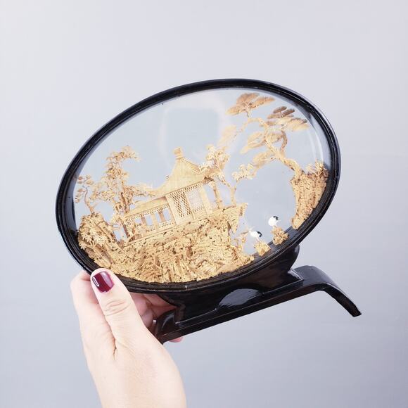 Vintage Chinese Diorama Cork Art Carving Glass Case~Pagoda/Trees/Cranes - Picture 7 of 10